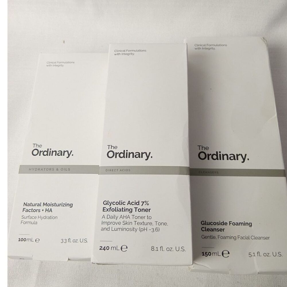 The Ordinary Skincare 3 Pc Lot Glycolic Acid Toner Cleanser Moisturizer